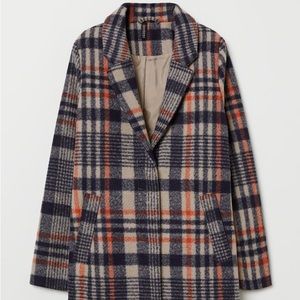 H&M Plaid Wool-Blend Coat in Navy, Beige & Orange